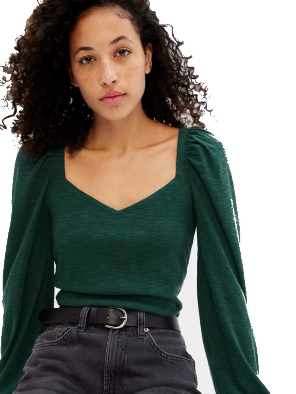 GAP Forest Green Puff-Sleeve V-Neck Top